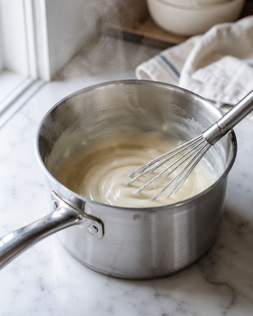 A metal whisk stirs a creamy white sauce in a stainless steel saucepan on a marble countertop. Steam rises from the sauce, and a folded kitchen towel sits nearby.