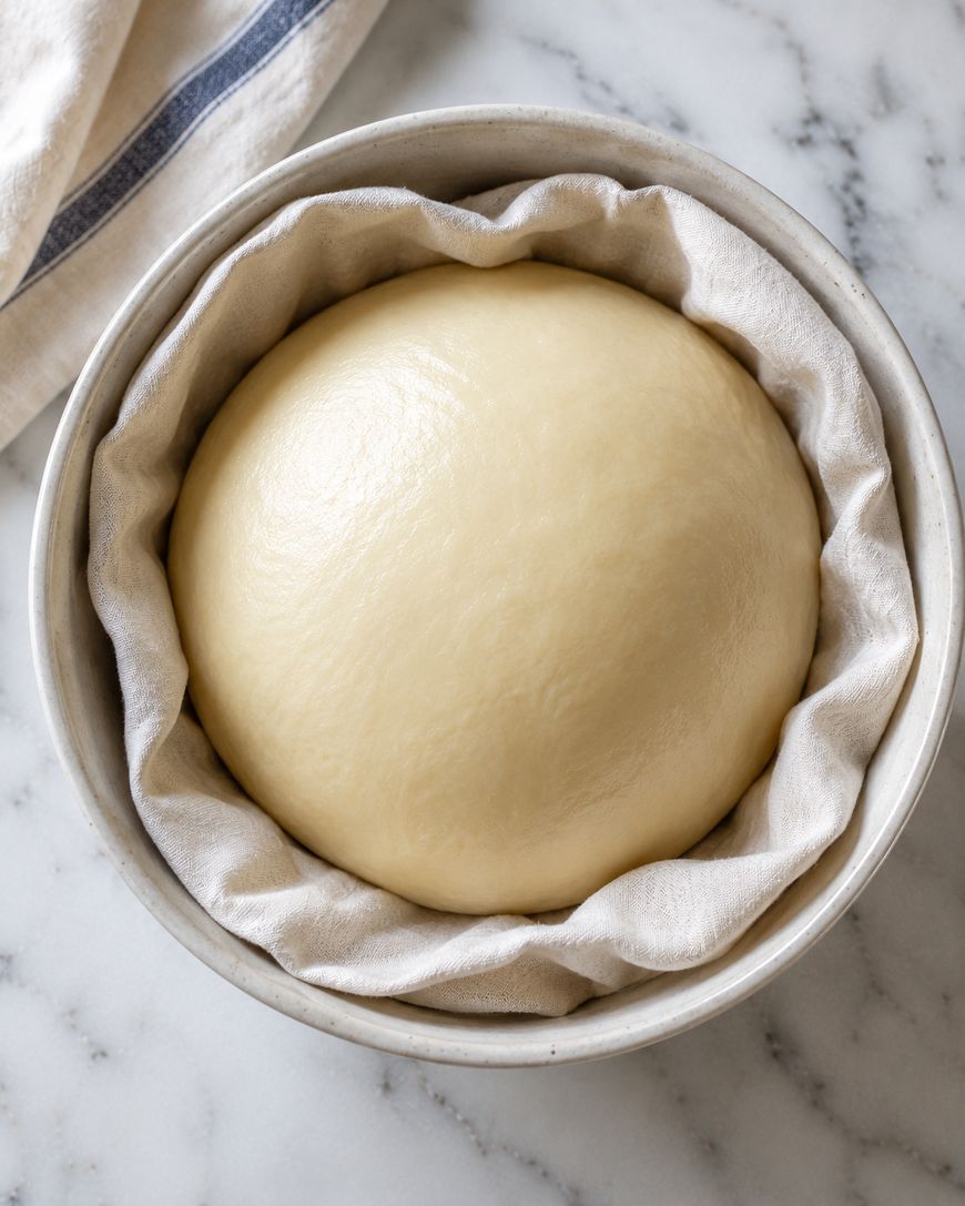 A round ball of bread dough rests in a cloth-lined bowl on a marble surface, ready for proofing or baking.