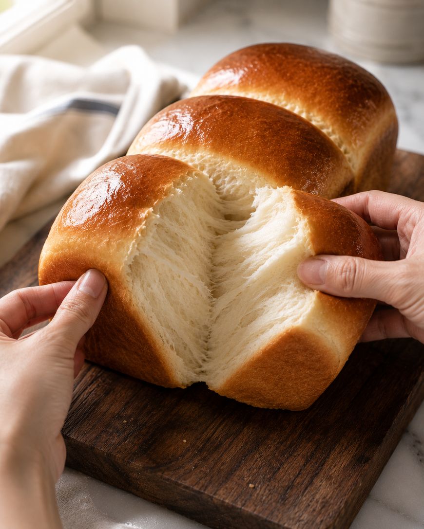 Two hands pull apart a fluffy loaf of golden-brown bread on a wooden cutting board, revealing its soft, airy interior. A white towel and bright natural light are visible in the background.