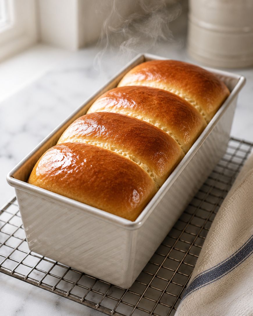 A golden, freshly baked loaf of bread in a metal pan rests on a cooling rack. Steam rises from the soft, shiny top, and a striped kitchen towel is nearby on a marble countertop.