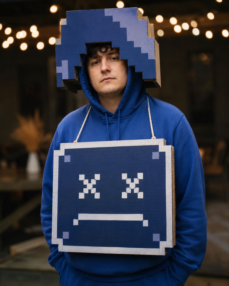 A person in a blue hoodie wears a cardboard costume: a large pixelated blue headpiece and a square sign with an X X face and a sad mouth, resembling a retro computer error screen. String lights hang in the background.