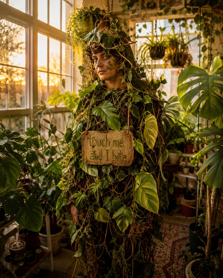 A person covered in leaves and vines stands indoors among many plants, wearing a sign that says “touch me and I bite.” Sunlight pours in from large windows behind them.