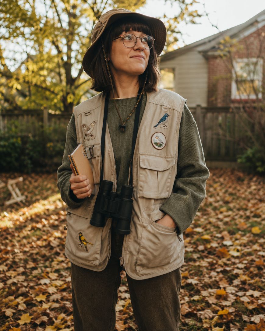 A woman wearing a hat and birdwatching vest stands outside, holding a notebook and binoculars. Autumn leaves cover the ground, and a house and trees are in the background.