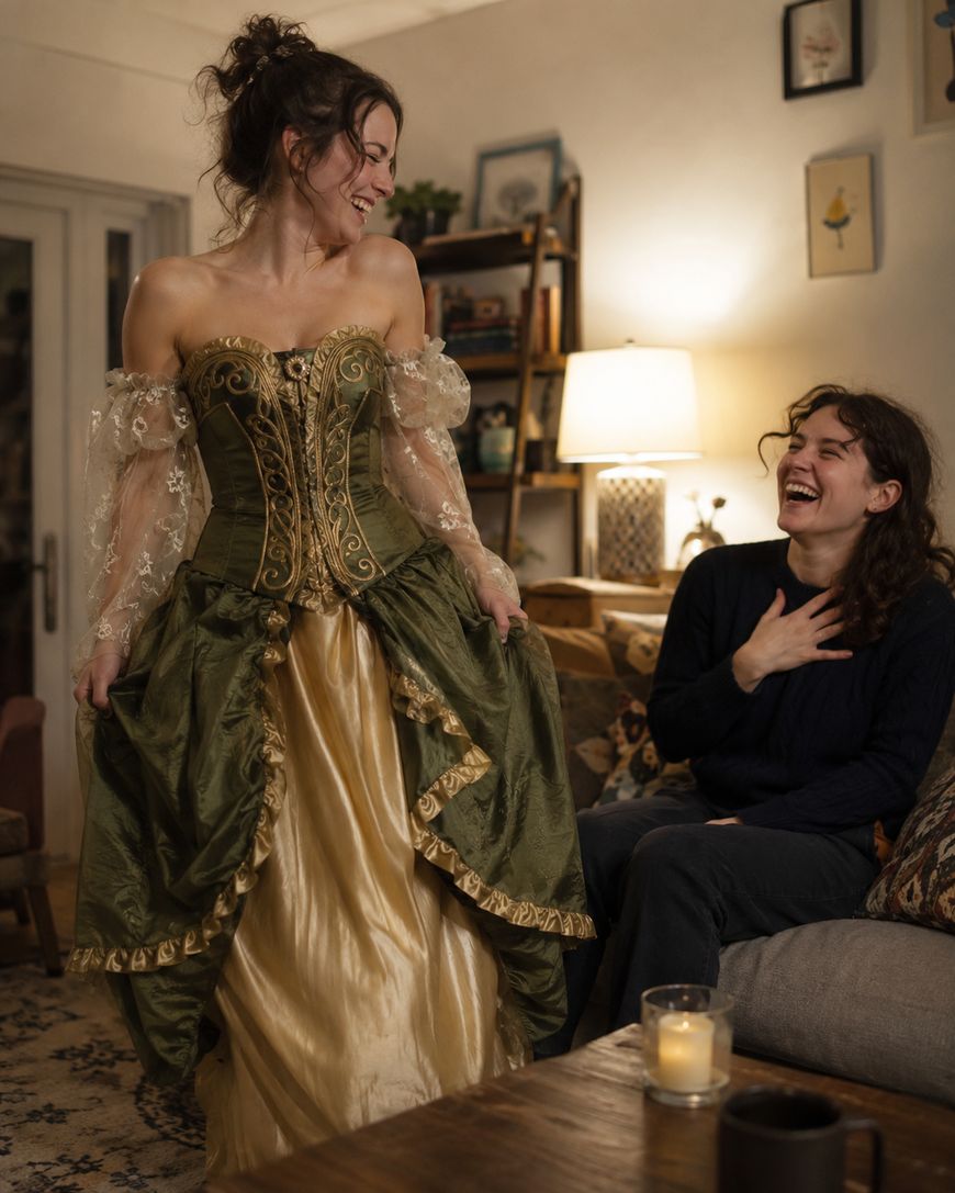A woman in a decorative green and gold dress smiles while another woman, sitting on a couch, laughs. The cozy room is warmly lit with a candle and lamp, and shelves and art decorate the background.