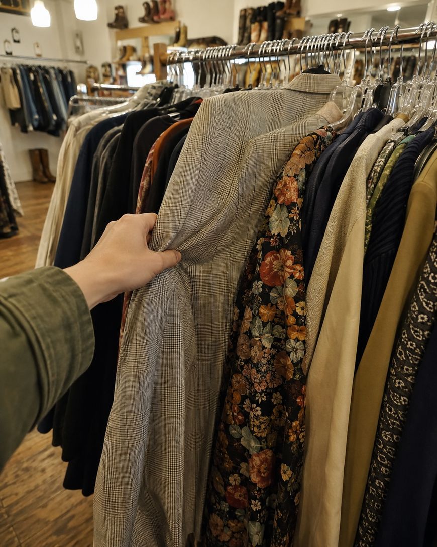 A person’s hand browses through a clothing rack filled with various jackets and shirts, including plaid, floral, and solid patterns, inside a boutique-style clothing store.