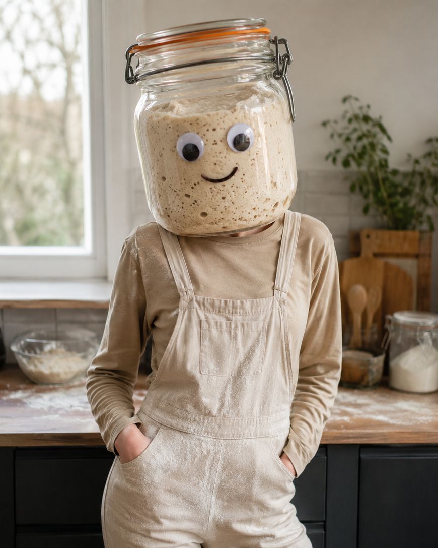 A person wearing beige overalls and a long-sleeved shirt stands in a kitchen with a glass jar of dough, decorated with googly eyes and a smile, covering their head.