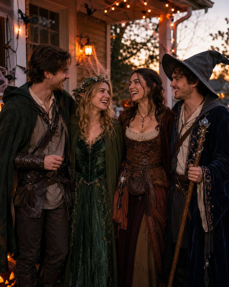 Four people in medieval fantasy costumes, smiling and standing together outside a house decorated with string lights and Halloween decorations.