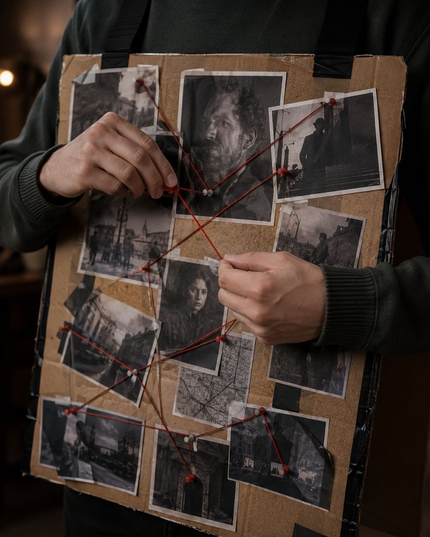 A person holds a cardboard board with black-and-white photos connected by red string, resembling an investigation or conspiracy board.