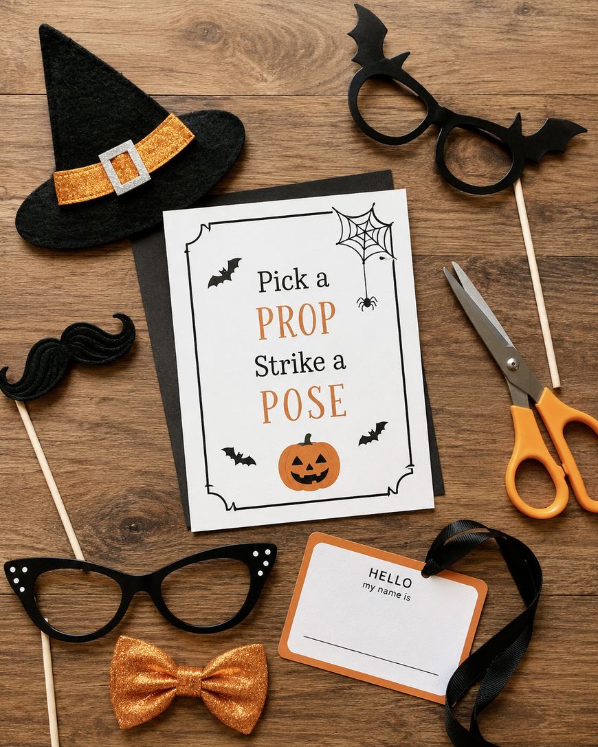 Halloween-themed photo booth props, scissors, and a Pick a prop, strike a pose sign are arranged on a wooden surface alongside a blank name tag, glasses, mustache, bow tie, and witch hat props.