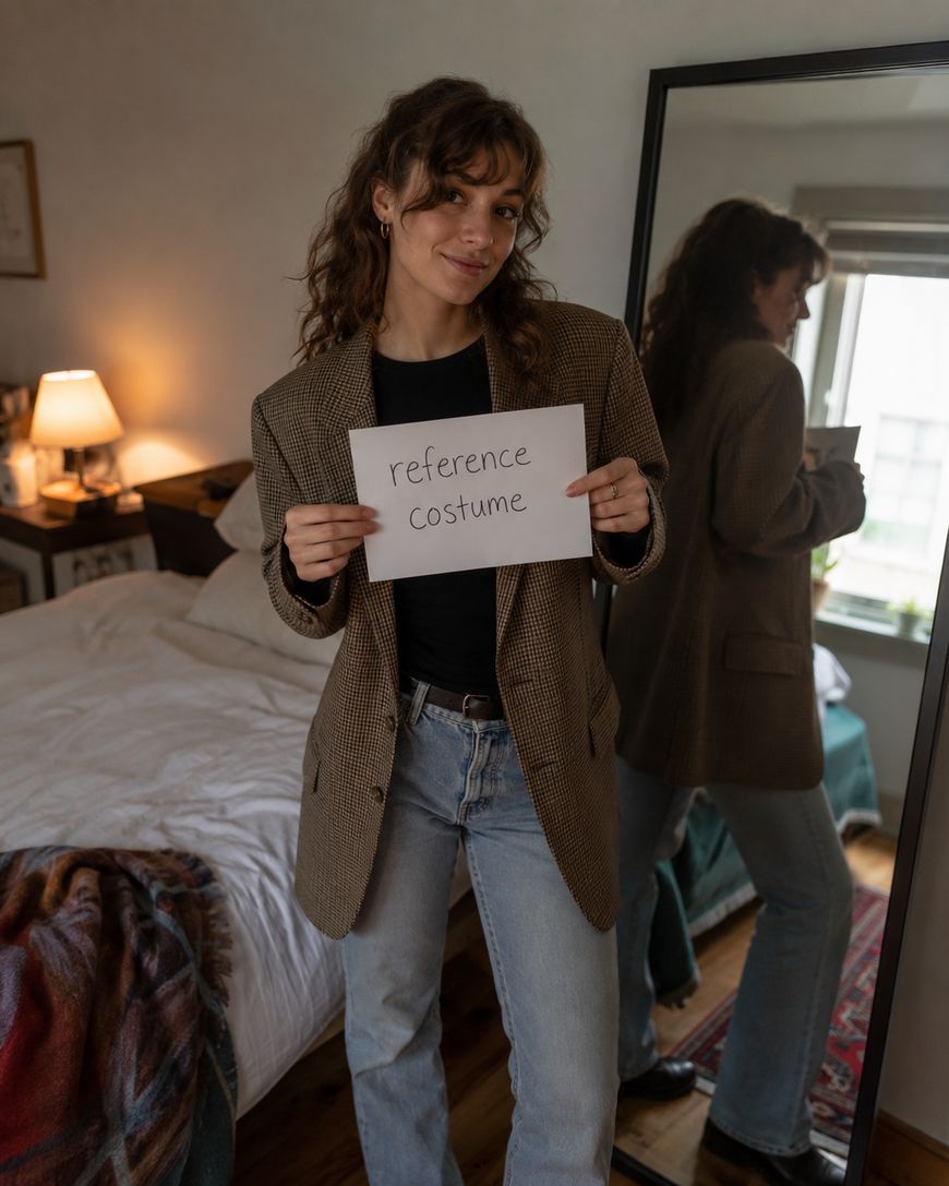 A woman in a brown blazer and jeans holds a sign reading “reference costume” in a bedroom, standing in front of a bed and a mirror reflecting her image.