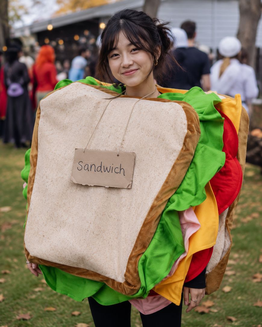 A person smiles while wearing a sandwich costume with layers of fabric as bread, lettuce, cheese, and tomato. A cardboard sign reading Sandwich hangs around their neck. Outdoor event in the background.
