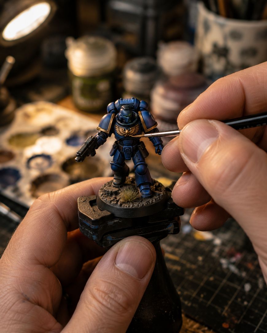 A person hand-paints details on a blue armored miniature figure using a fine brush. The workspace has paint pots, a palette, and various tools in the background, all lit by warm lighting.
