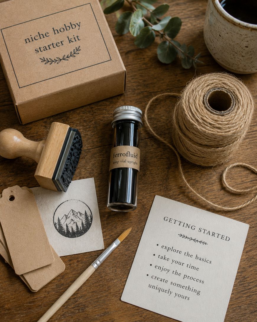 A “niche hobby starter kit” with a stamp, brush, vial labeled “ferrofluid,” kraft tags, twine, a mug, eucalyptus sprigs, and a “getting started” card arranged on a wooden surface.