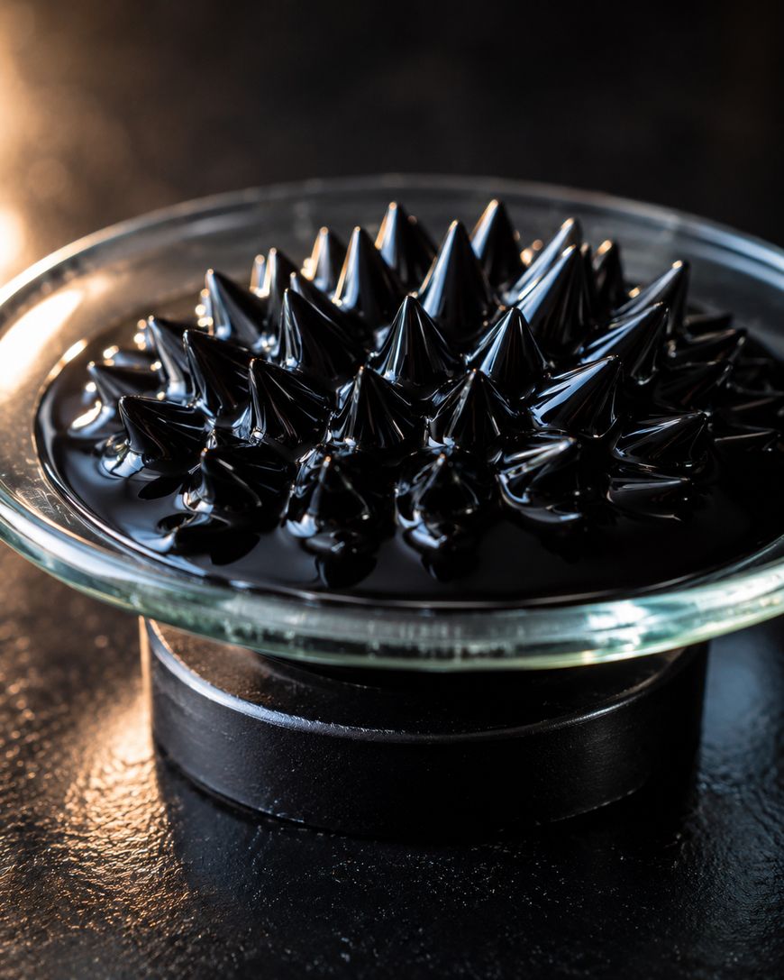 A close-up of black ferrofluid forming sharp, spiky patterns on a glass dish, reacting to a magnetic field against a dark background.