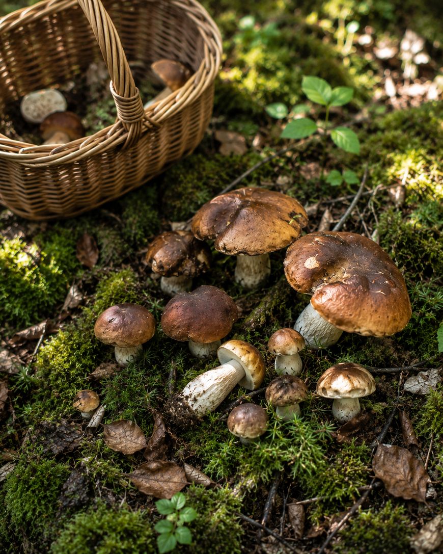 A wicker basket and several brown mushrooms growing on mossy forest ground, surrounded by leaves and greenery.