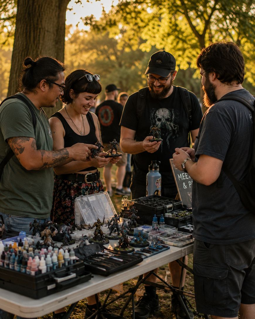 Four people stand around a table outdoors, examining painted miniature figures and art supplies. Paint bottles and tools are spread out, and trees with sunlight are visible in the background.