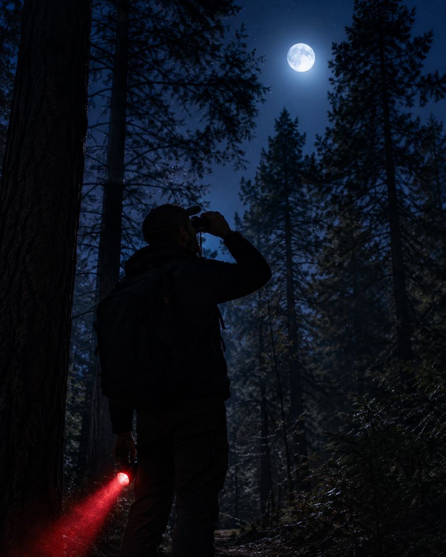 A person with a backpack holds a red flashlight, standing in a moonlit forest at night and looking up at the full moon through tall trees.