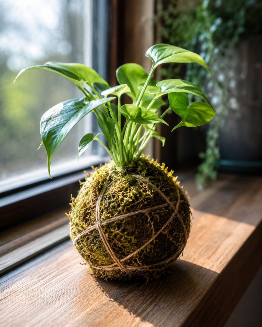 A kokedama plant with lush green leaves sits on a wooden windowsill, sunlight streaming in. The roots are wrapped in a moss ball secured with twine.