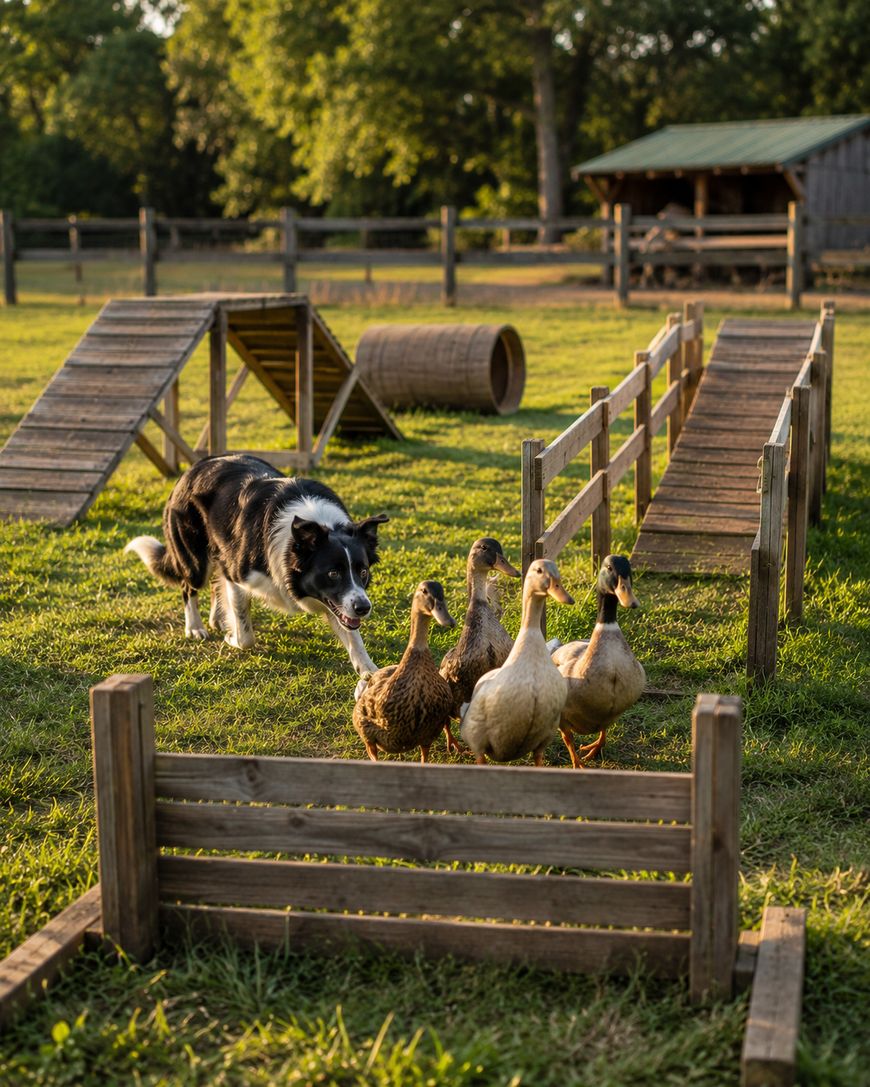 A black and white dog herds four ducks through a wooden obstacle course on a grassy field with trees and a wooden structure in the background.