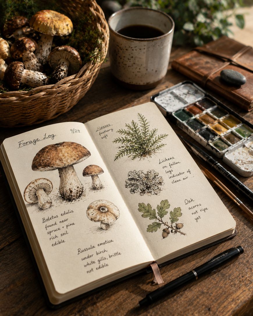 An open journal with watercolor sketches of mushrooms, fern, lichen, and oak leaves sits on a wooden table, beside a basket of mushrooms, a mug of coffee, watercolor paints, and a pen.