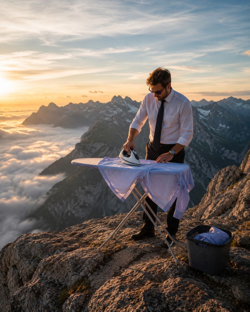 A man in business attire irons a shirt on an ironing board atop a rocky mountain at sunrise, with clouds and mountain peaks in the background.