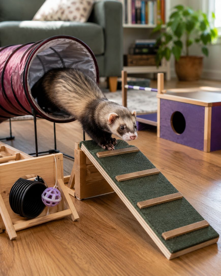 A ferret walks down a small ramp from a play tunnel, surrounded by indoor play structures on a wooden floor in a cozy living room.