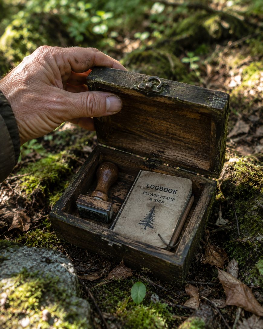 A hand opens a small wooden box on mossy ground, revealing a stamp and a logbook labeled LOGBOOK Please stamp & sign with a tree illustration on the cover.