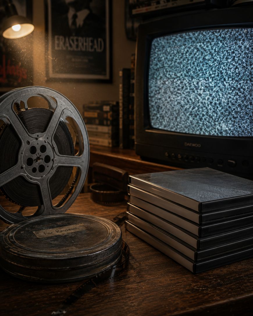 A vintage film reel and metal canister sit beside several VHS tapes and an old TV showing static, on a wooden desk with movie posters and cassette tapes in the background.