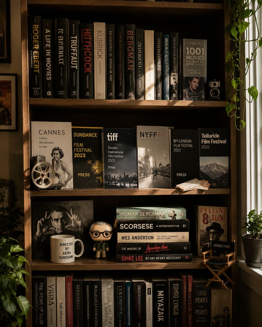 A wooden bookshelf filled with film books, festival programs, and film memorabilia, including a small film reel, director’s clapboard, and a bobblehead figure. Plants and warm lighting create a cozy atmosphere.