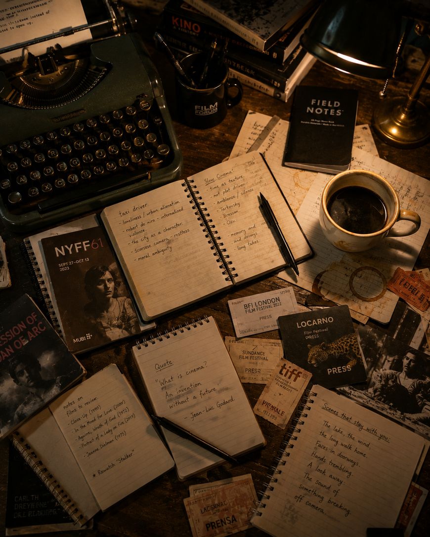 A cluttered desk with a typewriter, notebooks filled with handwritten notes, a cup of coffee, books, coasters, and press passes scattered under a warm lamp light.