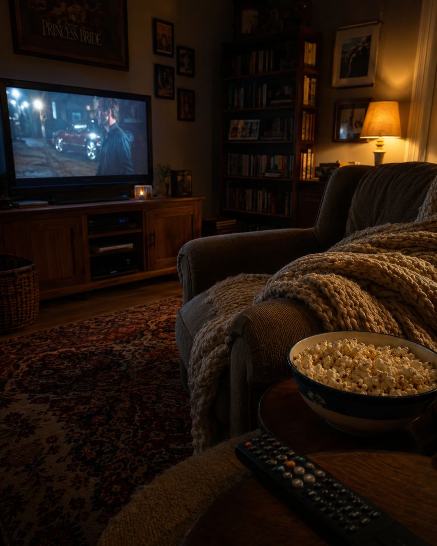 A cozy living room with a sofa, knitted blanket, bowl of popcorn, TV remote on a table, and a TV showing a movie scene. Warm lighting and shelves of books create a relaxing atmosphere.