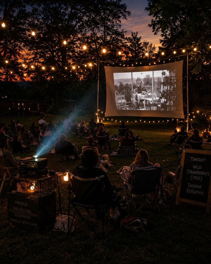 People watch a black-and-white movie outdoors at dusk, with string lights overhead. A sign shows Wild Strawberries (1957) Ingmar Bergman as tonight’s film. Projection equipment and chairs are set up on the grass.