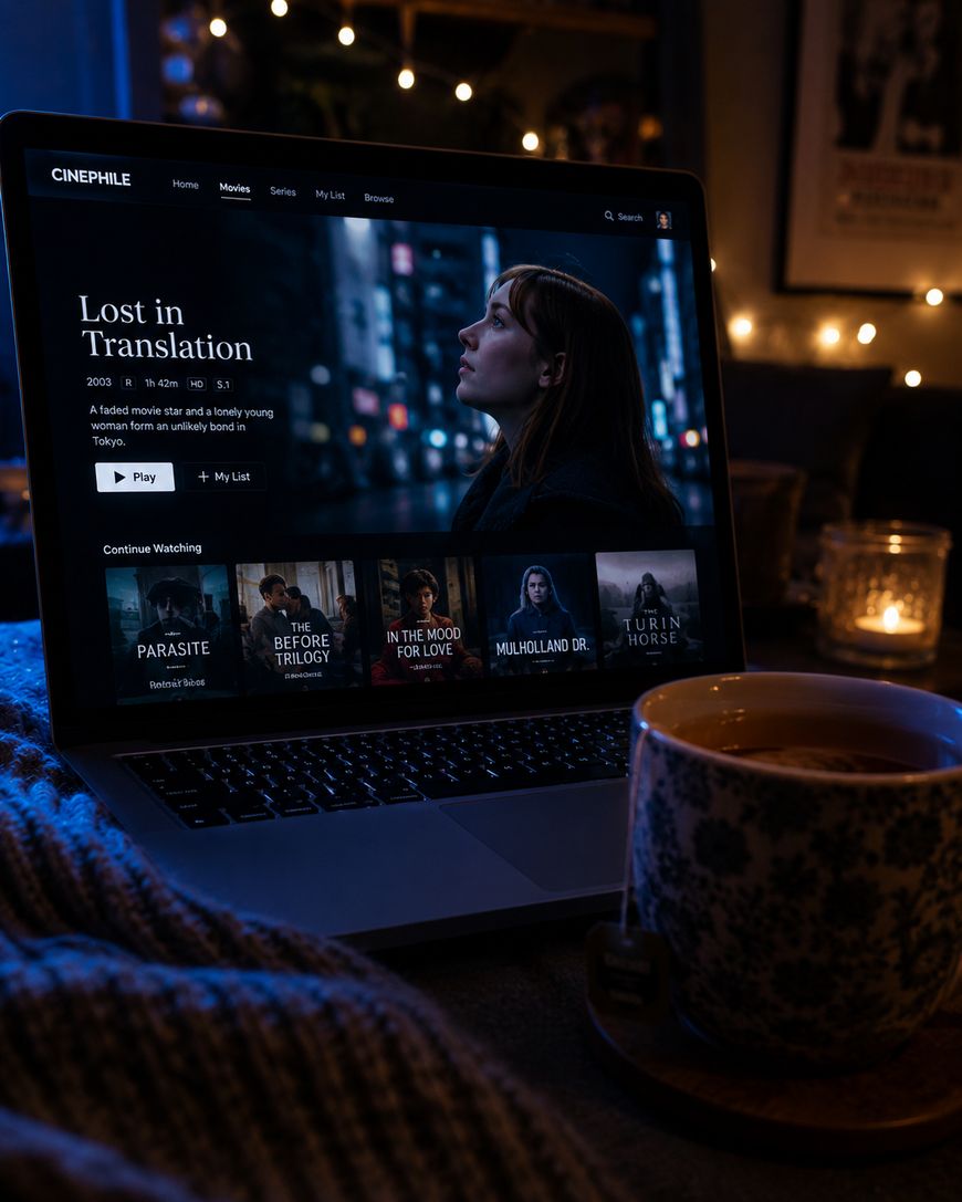 A laptop displays a streaming service with “Lost in Translation” highlighted. A cup of tea sits beside the laptop, and warm string lights create a cozy atmosphere in the background.