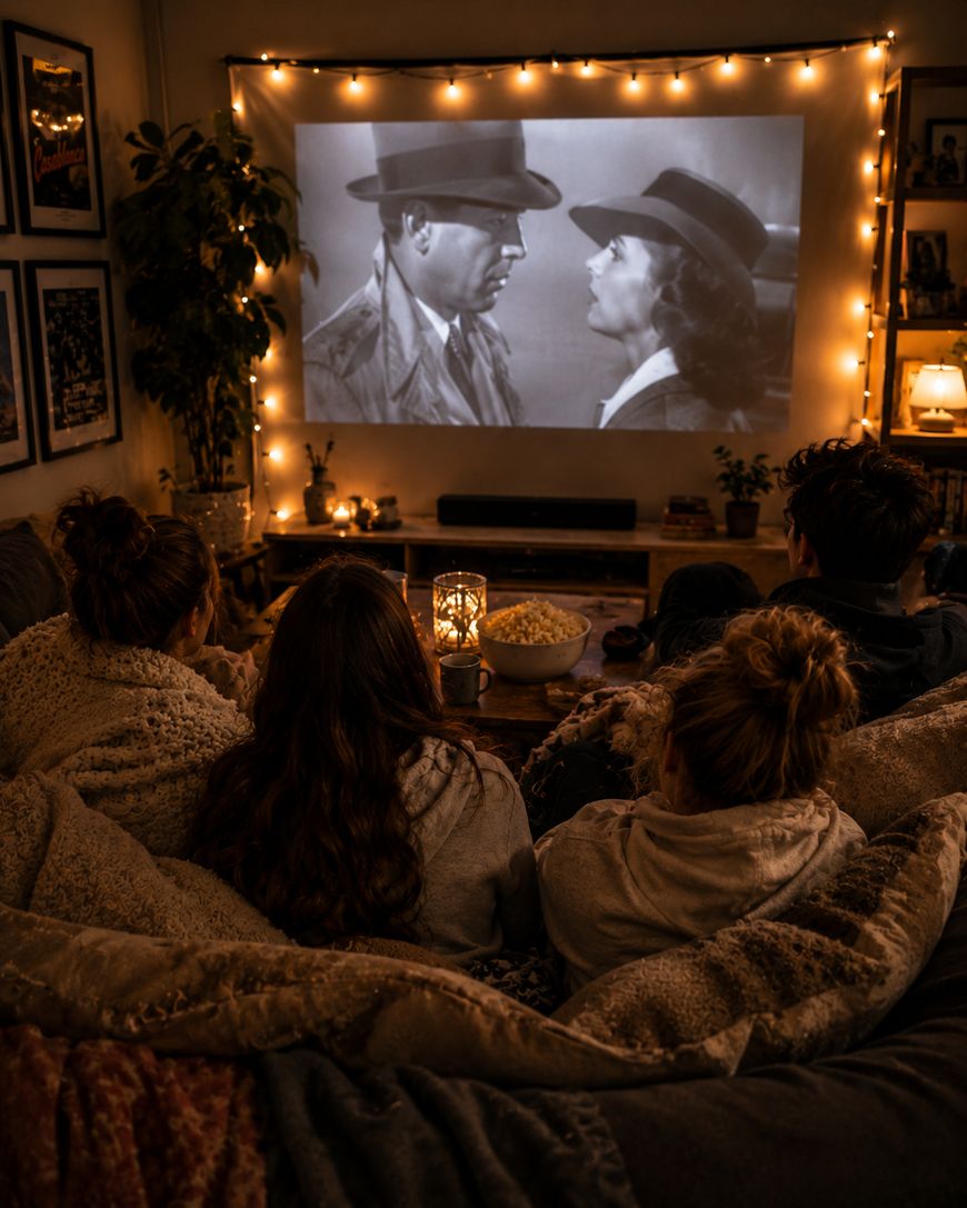 Four people sit on a couch under blankets, watching a black-and-white movie projected on a wall. The room is cozy with string lights, framed posters, popcorn, and a lit candle on the table.