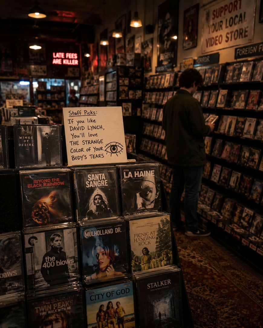 A dimly lit video store with shelves of DVDs, a handwritten sign with staff picks, and a person browsing. Movie posters and a “Support Your Local Video Store” sign hang on the wall.