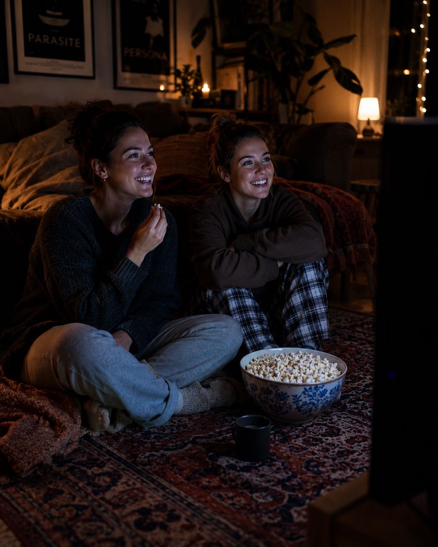 Two women sit on the floor in cozy clothes, watching TV and smiling. A large bowl of popcorn and a mug rest in front of them. The room is warmly lit with lamps and string lights, creating a relaxed atmosphere.