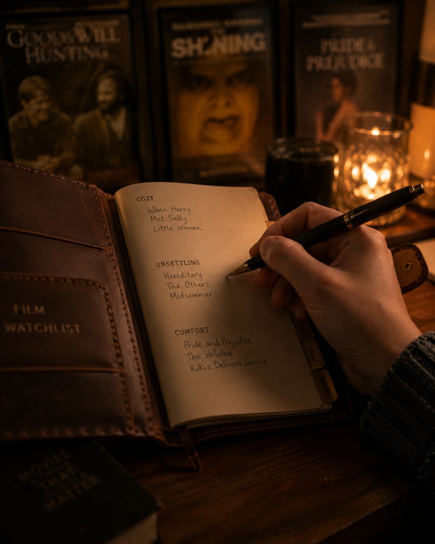 A hand writes film categories—Cozy, Unsettling, Comfort—in a journal by candlelight, with movie DVDs, a pen, and a leather film watchlist nearby on a wooden table.