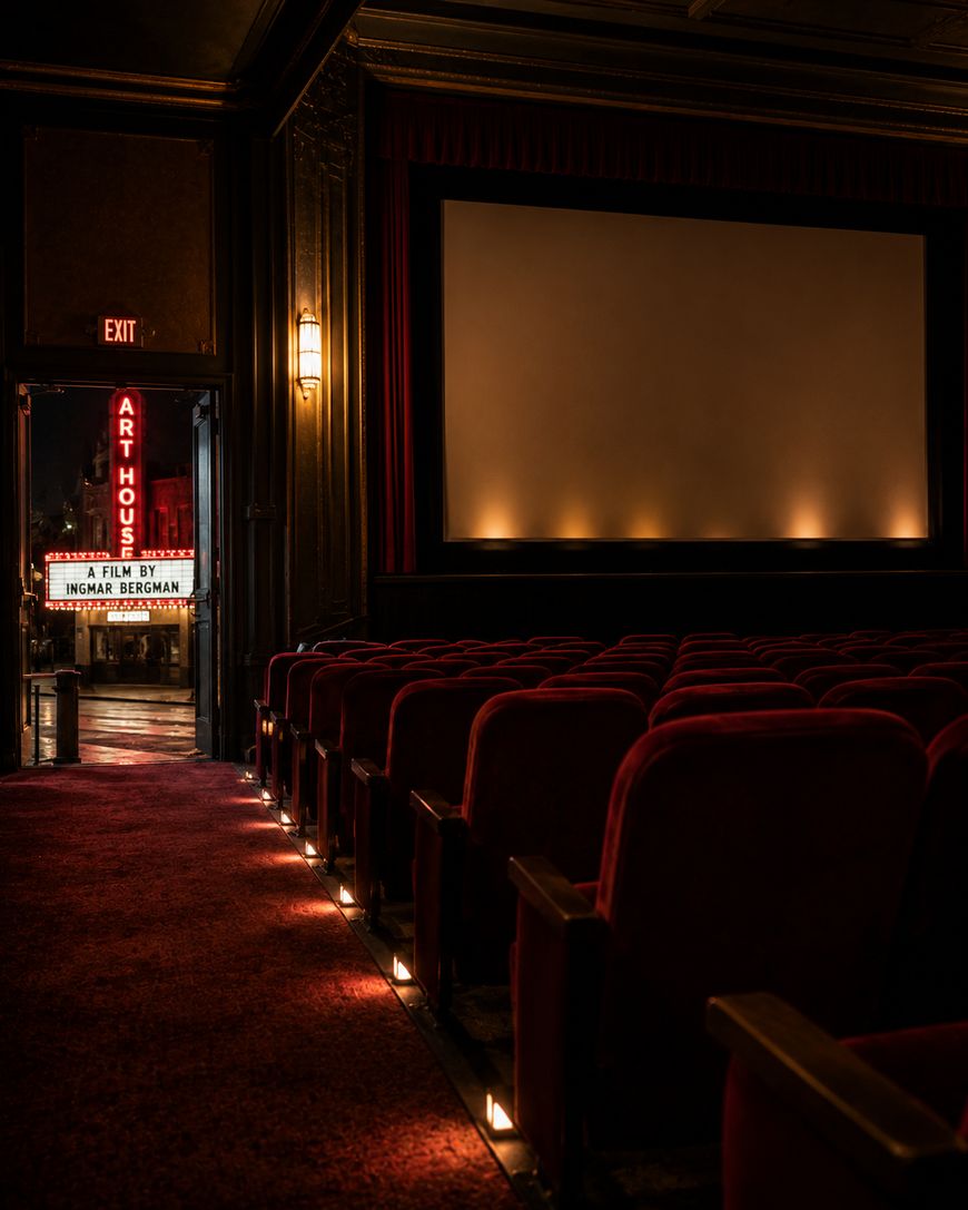 Empty movie theater with red seats and dim aisle lights. A lit marquee near the exit reads ART HOUSE and FILM BY INGMAR BERGMAN. The large screen at the front is blank, and the atmosphere feels classic and cozy.