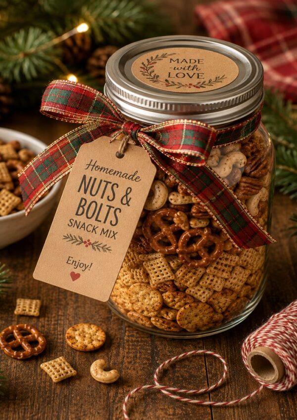A jar filled with homemade snack mix—perfect for a classic nuts and bolts recipe—including pretzels and cereal, adorned with a plaid ribbon, festive tag, and surrounded by pinecones, string, and greenery in the background.