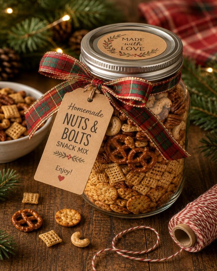 A jar filled with homemade snack mix—perfect for a classic nuts and bolts recipe—including pretzels and cereal, adorned with a plaid ribbon, festive tag, and surrounded by pinecones, string, and greenery in the background.