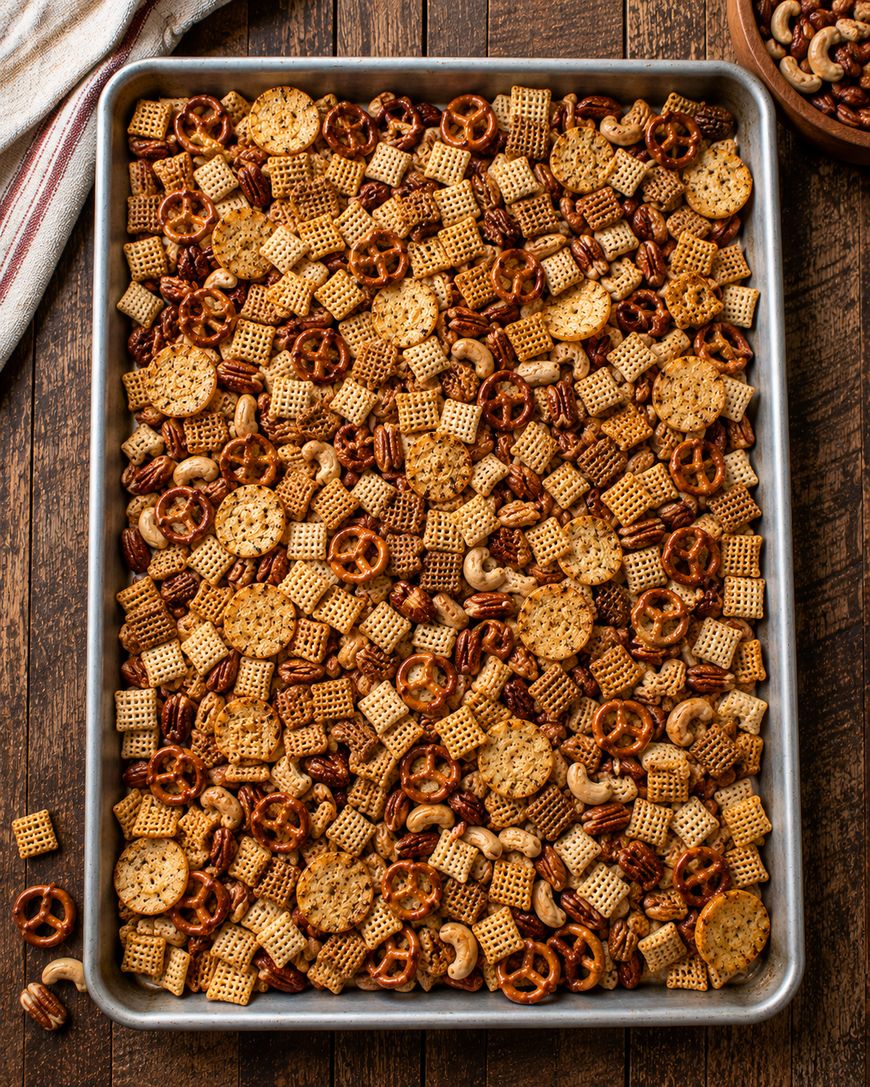 A baking sheet filled with homemade snack mix containing pretzels, Chex cereal, nuts, and round crackers on a wooden table.