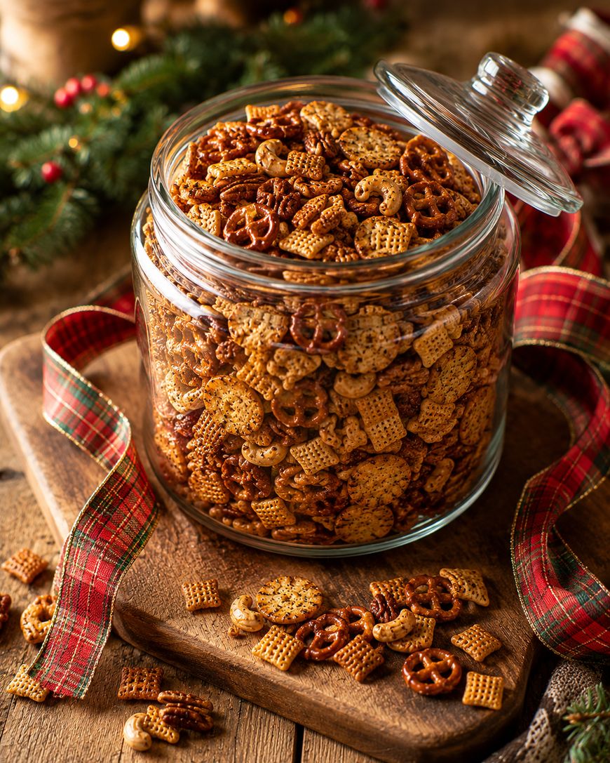 A glass jar filled with homemade Chex mix sits on a wooden board, surrounded by a red plaid ribbon and festive holiday decor. The jar’s lid is slightly open, and some snack pieces are scattered around.