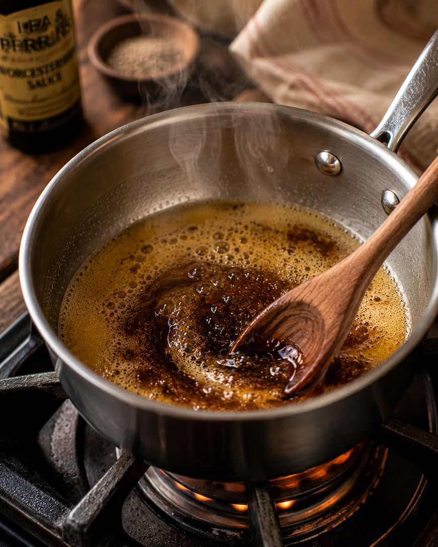 A wooden spoon stirs bubbling brown liquid in a saucepan on a stove. Steam rises as the sauce cooks. A bottle of Worcestershire sauce and a bowl of pepper are nearby on the wooden counter.