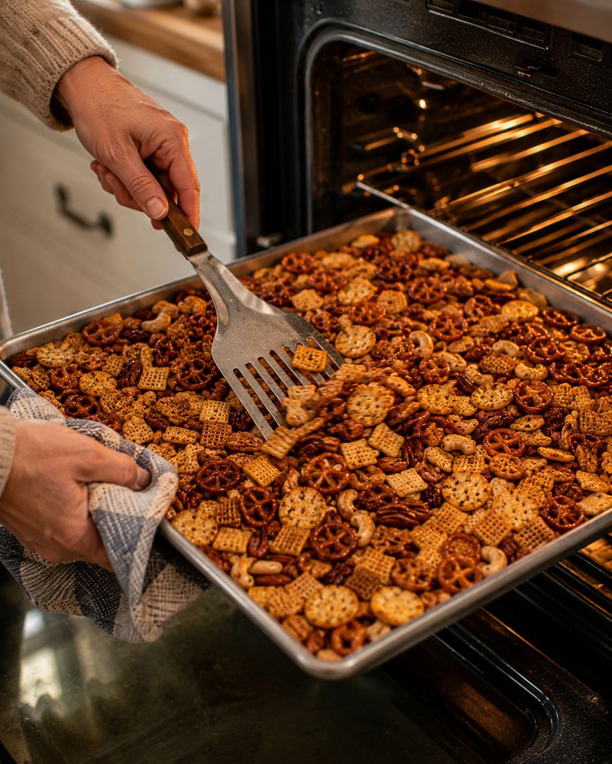 A person uses a spatula to stir homemade snack mix with pretzels, cereal, and nuts on a baking sheet, freshly taken out of an oven.