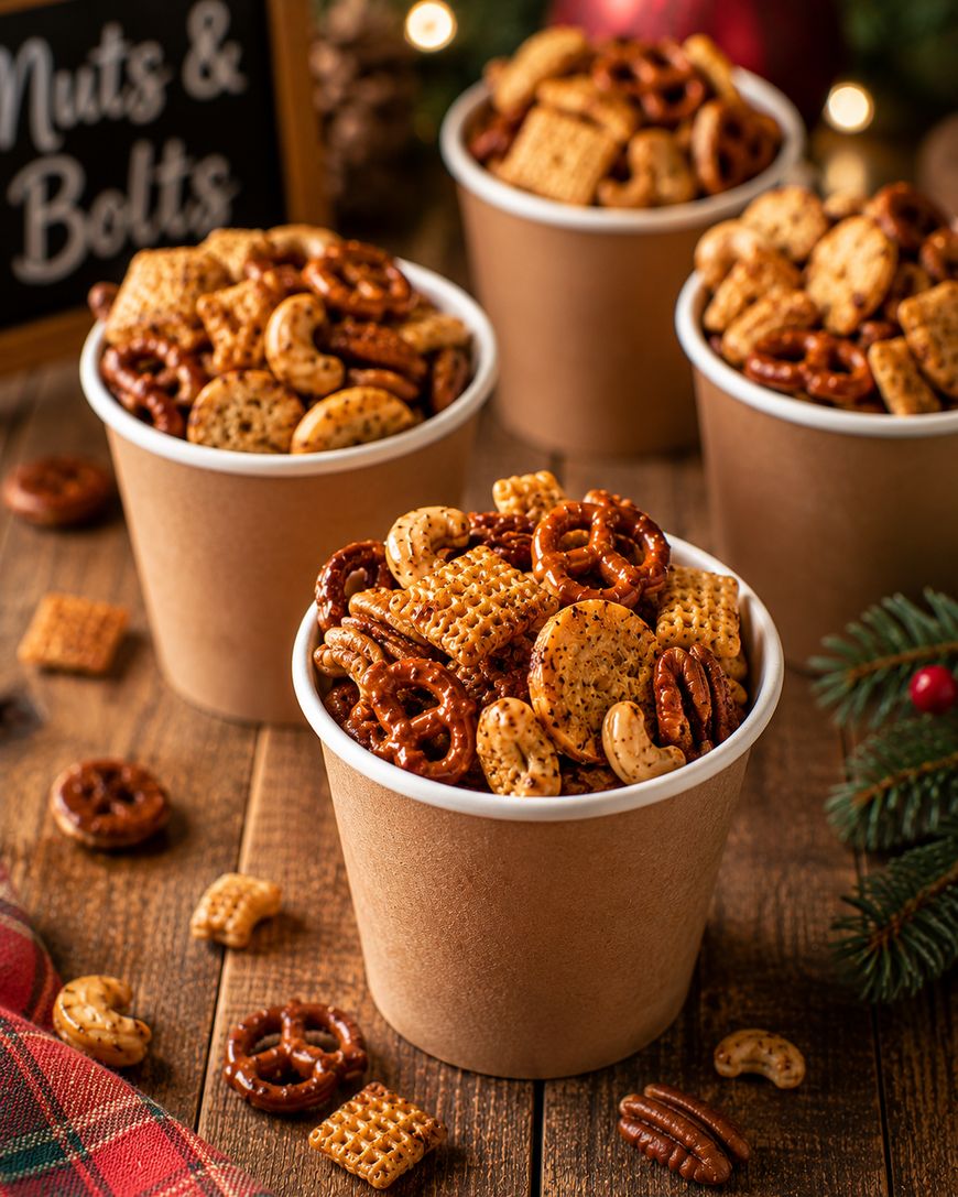 Four brown cups filled with a snack mix of pretzels, cereal squares, and nuts sit on a rustic wooden table, with additional snack pieces scattered around and festive holiday decor in the background.