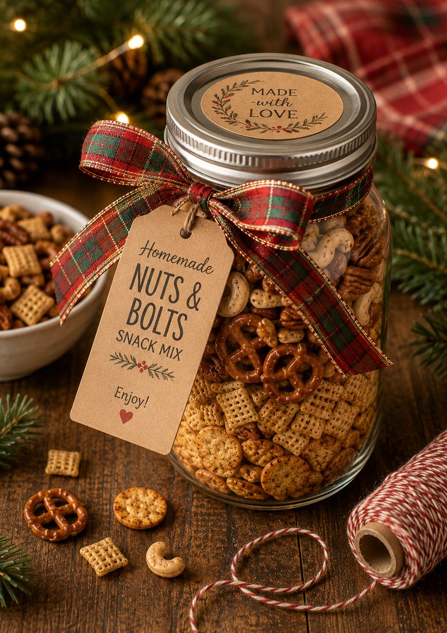 A jar of homemade snack mix with pretzels, cereal, and nuts, tied with a plaid ribbon and a tag reading Homemade Nuts & Bolts Snack Mix. Holiday greenery and a bowl of mix are in the background.
