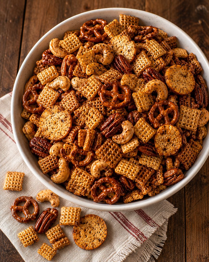 A bowl of snack mix containing pretzels, Chex cereal, round crackers, cashews, and pecans sits on a cloth napkin, with some pieces scattered beside the bowl on a wooden table.