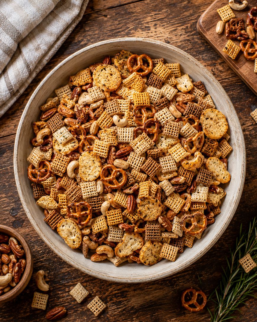 A large bowl filled with homemade snack mix, including Chex cereal, pretzels, nuts, bagel chips, and seasonings, sits on a rustic wooden table.