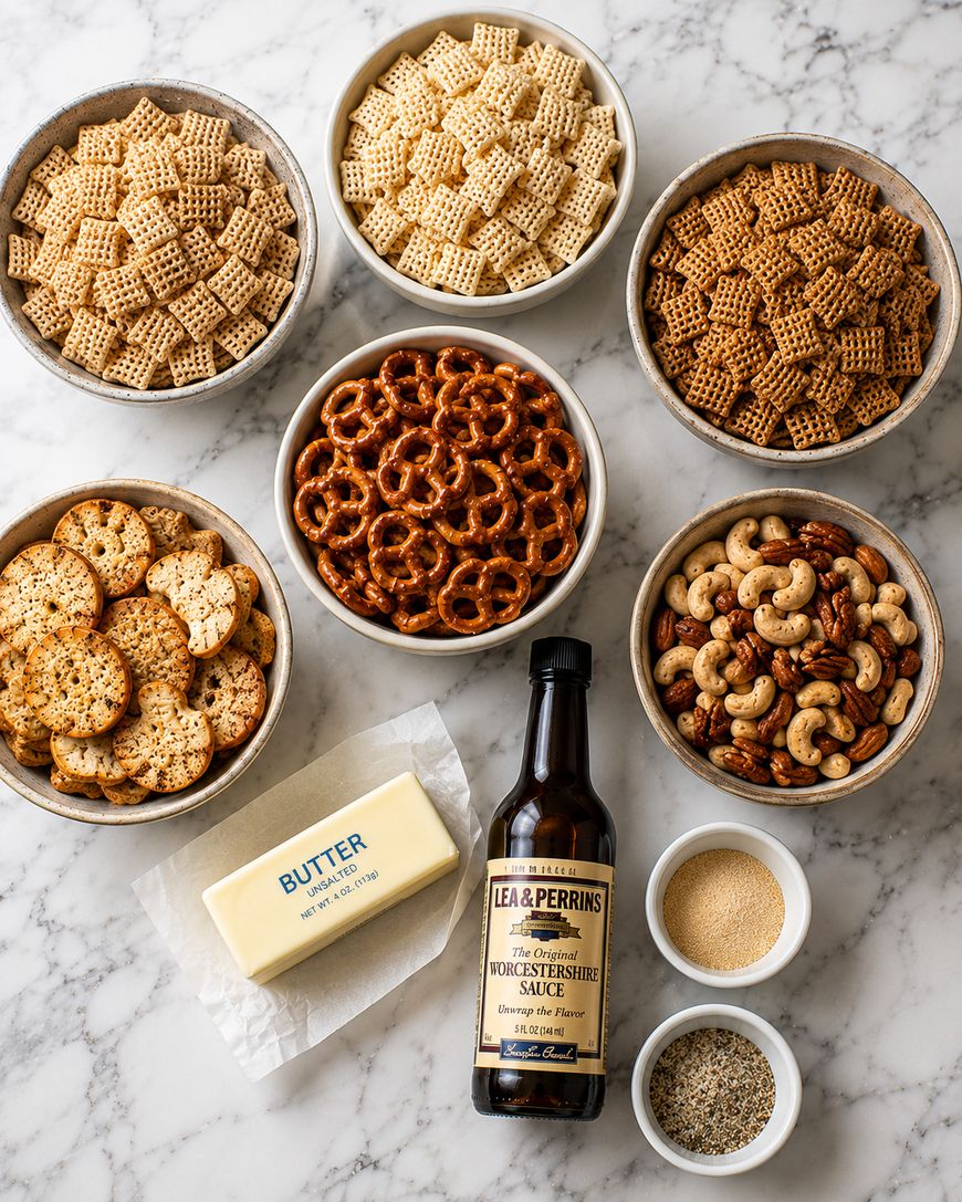 Bowls of Chex cereal, pretzels, bagel chips, seasoned cashews, a stick of butter, a bottle of Worcestershire sauce, and two small bowls of spices on a marble surface.