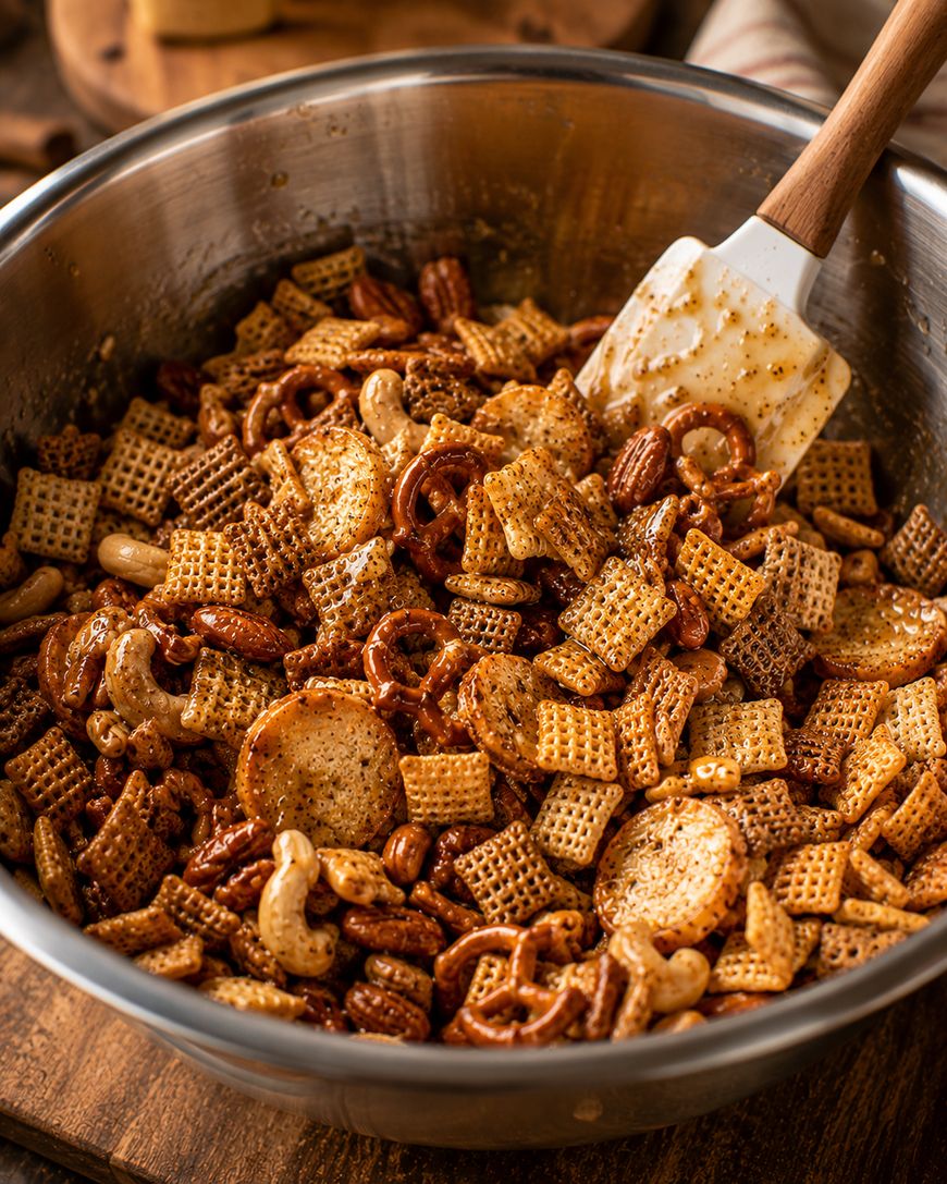 A metal bowl filled with homemade snack mix, including Chex cereal, pretzels, nuts, and seasoned round crackers, with a white spatula resting inside.